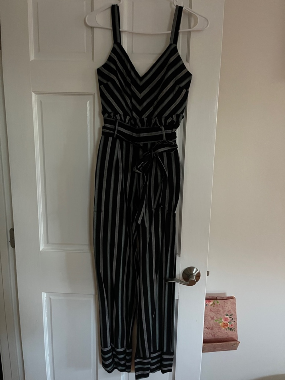 Striped Black Wide-Leg Jumpsuit with Belt